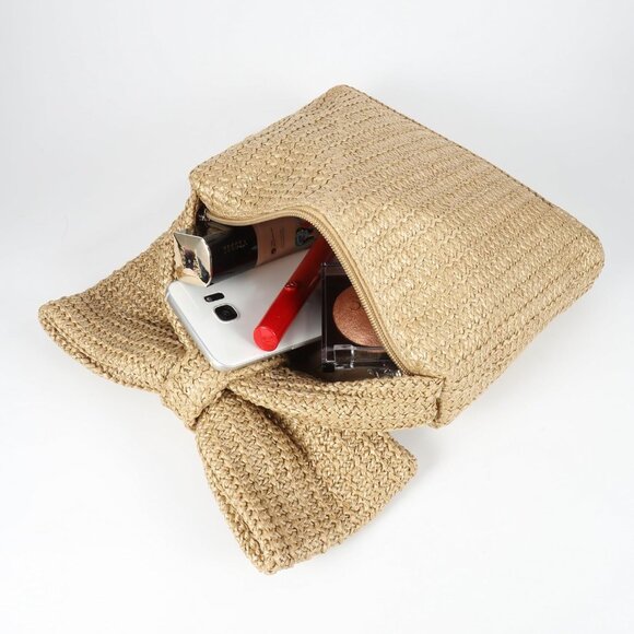 Boho Straw Woven Beach Clutch Purse with Big Bowknot for Women - Picture 6 of 8